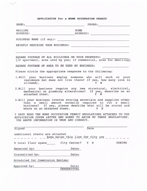 First page of the Home Occupation Application