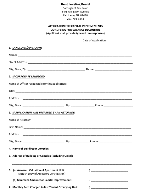 First page of the Application for Capital Improvements Qualifying for Vacancy Decontrol