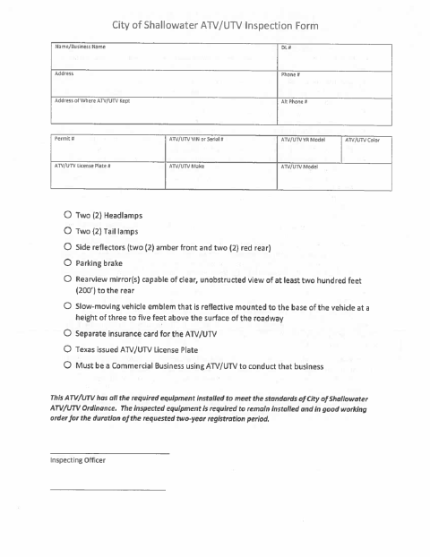 First page of the ATV/UTV Inspection Form