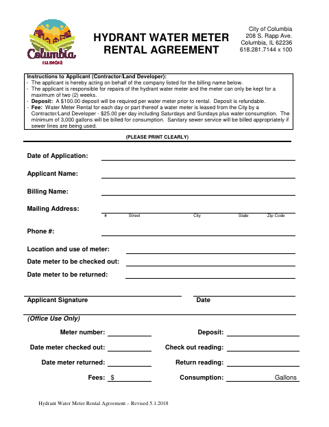 First page of the Hydrant Water Meter Rental Agreement