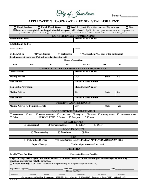 First page of the Application to Operate a Food Establishment