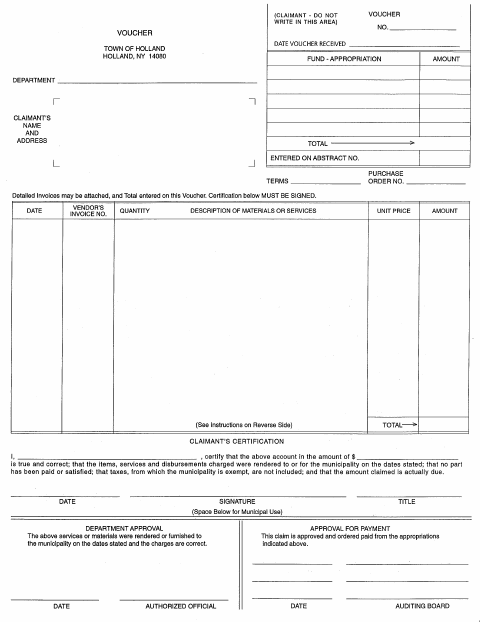 First page of the Town of Holland Payment Voucher