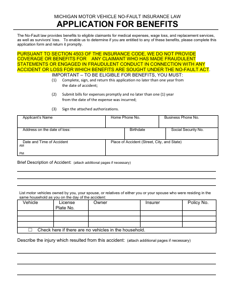 First page of the PIP No-Fault Benefits Application