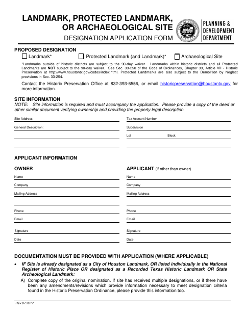 First page of the Landmark, Protected Landmark, or Archaeological Site Designation Application Form