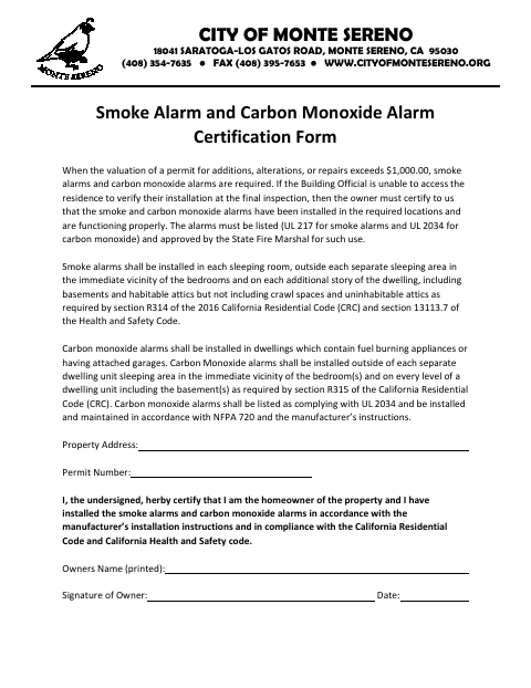 First page of the Smoke Alarm and Carbon Monoxide Alarm Certification Form