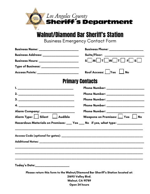 First page of the Business Emergency Contact Form