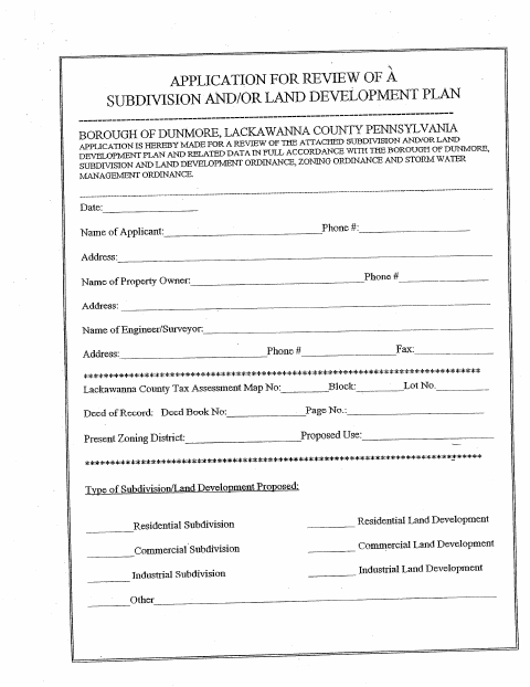 First page of the Subdivision and Land Development Plan Review Application