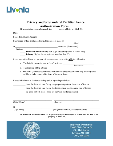First page of the Privacy and/or Standard Partition Fence Authorization Form