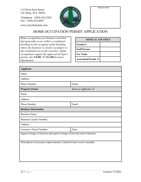 First page of the Home Occupation Permit Application