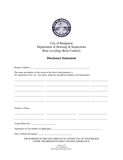 First page of the Rent Leveling Disclosure Statement