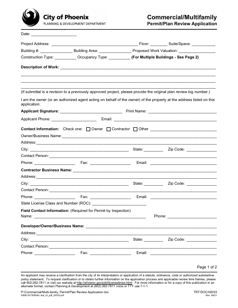 First page of the Commercial/Multifamily Permit/Plan Review Application