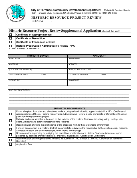 First page of the Historic Resource Project Review Supplemental Application