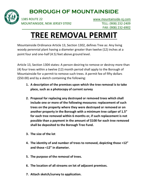 First page of the Tree Removal Permit
