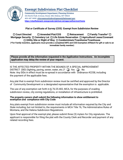First page of the Exempt Subdivision Checklist