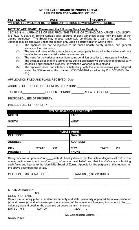 First page of the Variance of Use Application