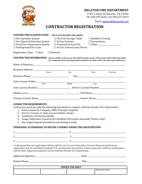 First page of the Contractor Registration