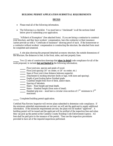 First page of the Building Permit Application Submittal Requirements for Decks