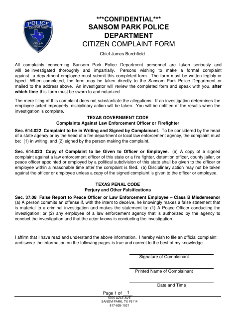 First page of the Police Citizen Complaint Form