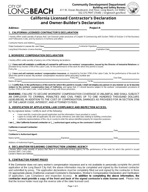 First page of the California Licensed Contractor’s Declaration and Owner-Builder’s Declaration