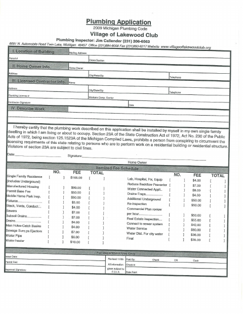 First page of the Plumbing Application