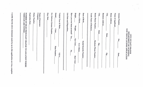 First page of the Tow Truck License Application