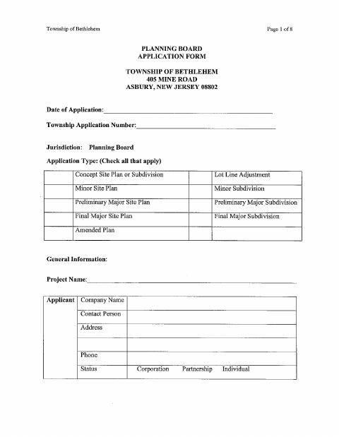 First page of the Planning Board Site Plan and Subdivision Application