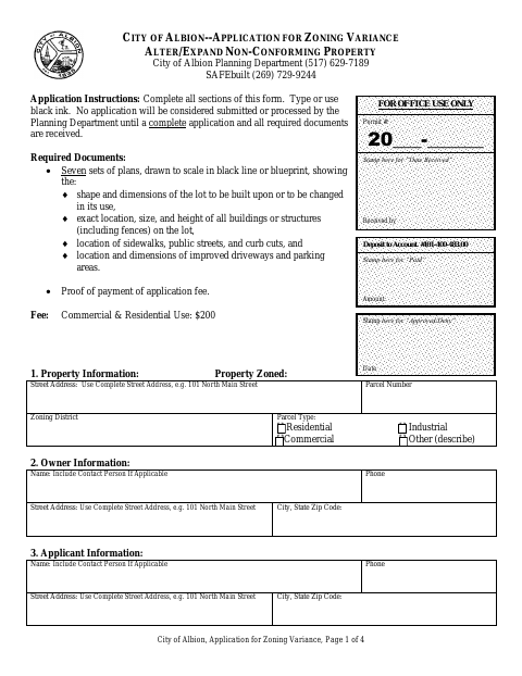 First page of the Application for Zoning Variance