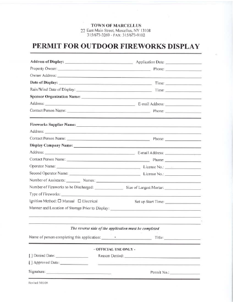 First page of the Outdoor Fireworks Display Permit Application