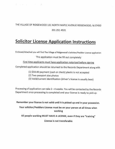 First page of the Solicitor/Peddler License Application