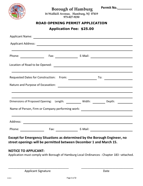 First page of the Road Opening Permit Application