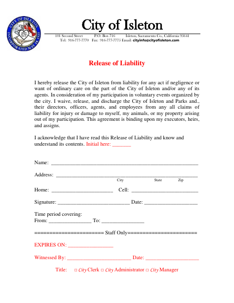 First page of the Individual Release of Liability