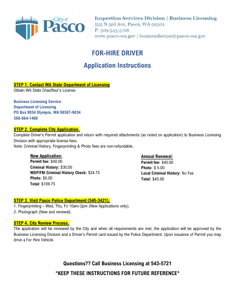 First page of the For-Hire Driver Business License Application