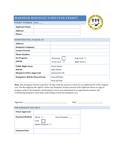 First page of the Dumpster Permit Application