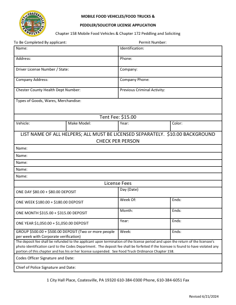 First page of the Peddler / Solicitor License Application