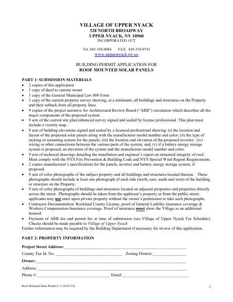 First page of the Building Permit Application for Roof Mounted Solar Panels