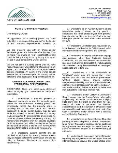 First page of the Notice to Property Owner and Owner-Builder Acknowledgment