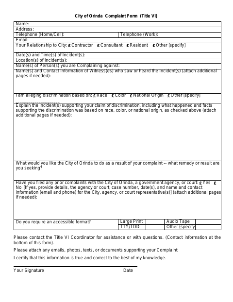 First page of the Title VI Complaint Form