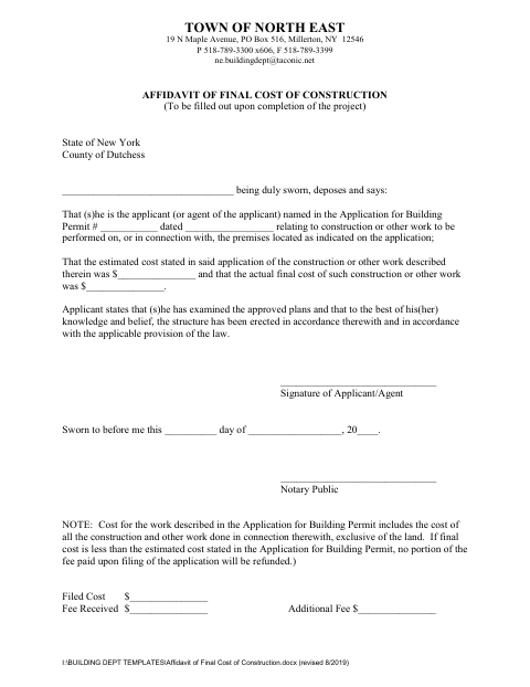 First page of the Affidavit of Final Cost of Construction