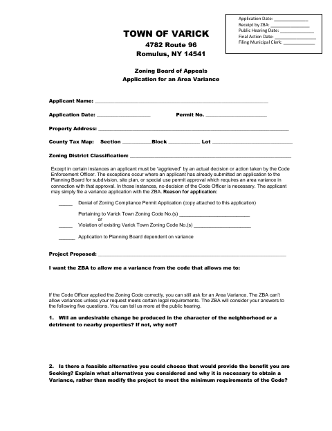 First page of the Zoning Board of Appeals Application for an Area Variance