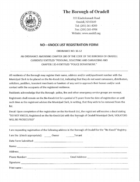 First page of the No-Knock List Registration Form