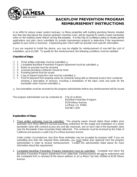 First page of the Backflow Prevention Program Reimbursement Instructions