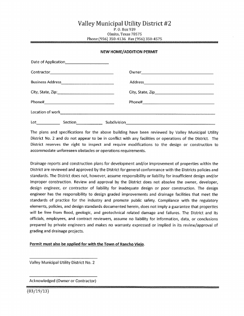 First page of the VMUD2 New Home/Addition Permit