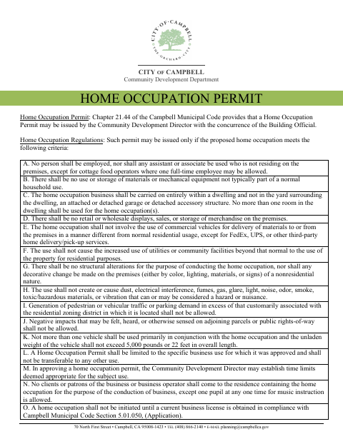 First page of the Home Occupation Permit