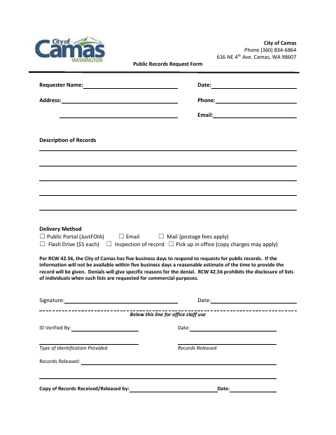First page of the Public Records Request Form