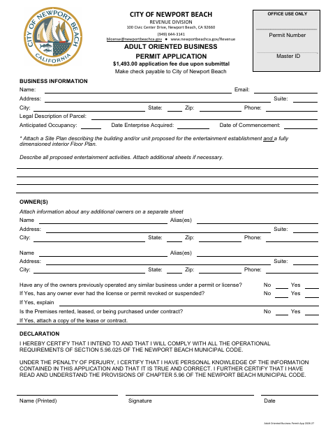 First page of the Adult Oriented Business Permit Application