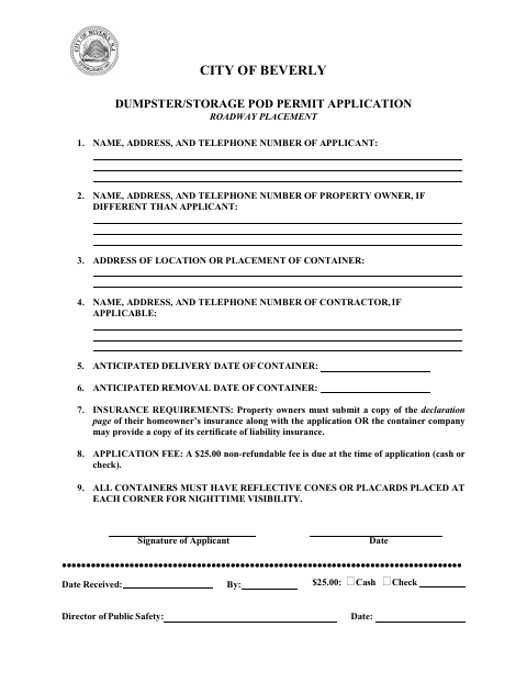 First page of the Dumpster/Storage Pod Permit Application