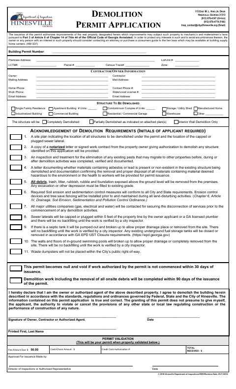 First page of the Demolition Permit Application
