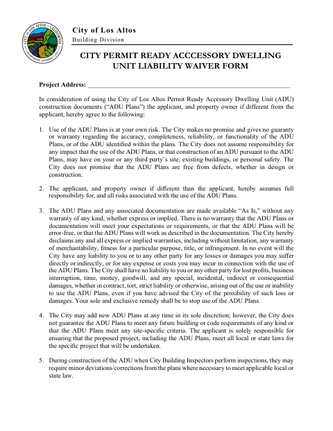 First page of the City Permit Ready Accessory Dwelling Unit Liability Waiver