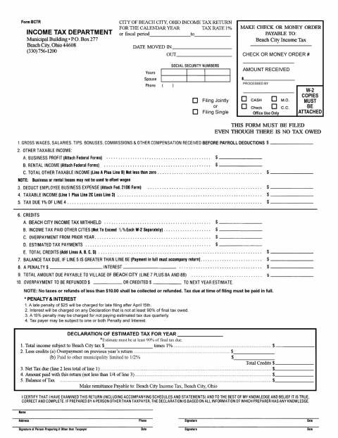 First page of the Individual Income Tax Return