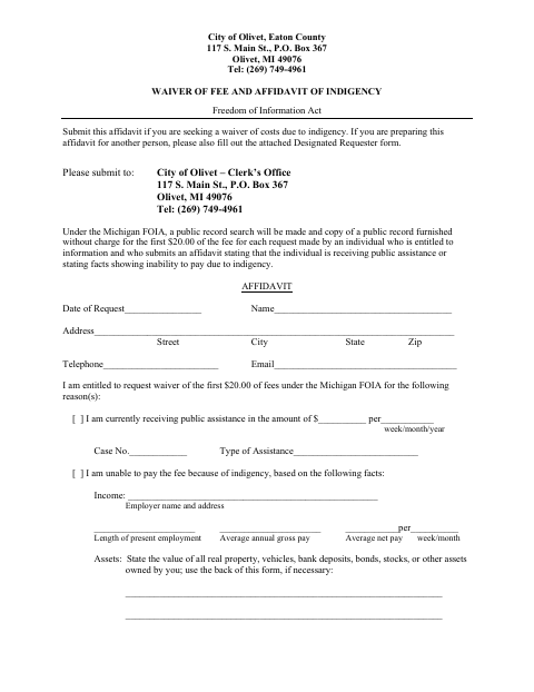 First page of the Waiver of Fee and Affidavit of Indigency